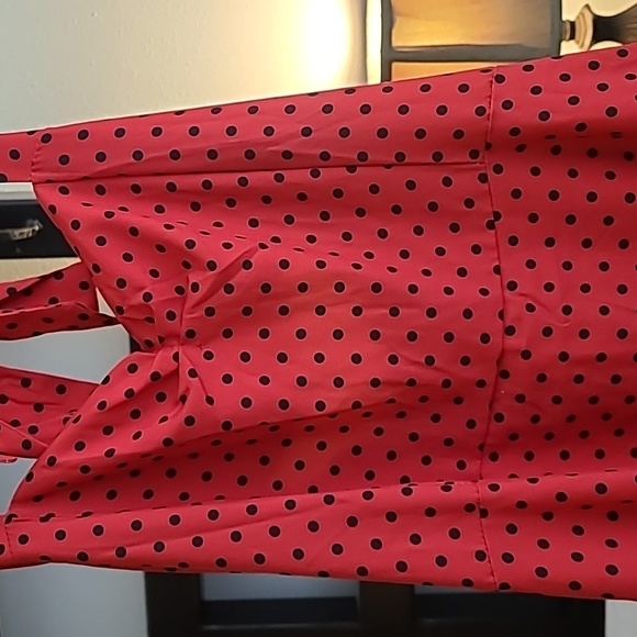 Red and Black Polka Dot Halter Midi  Sweetheart Pinup Dress with smocking - Picture 4 of 12
